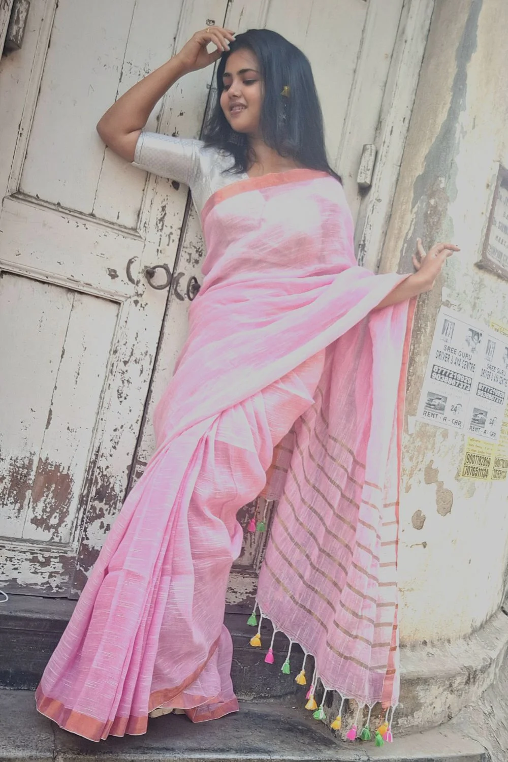 Classic Pink Handloom Linen Saree