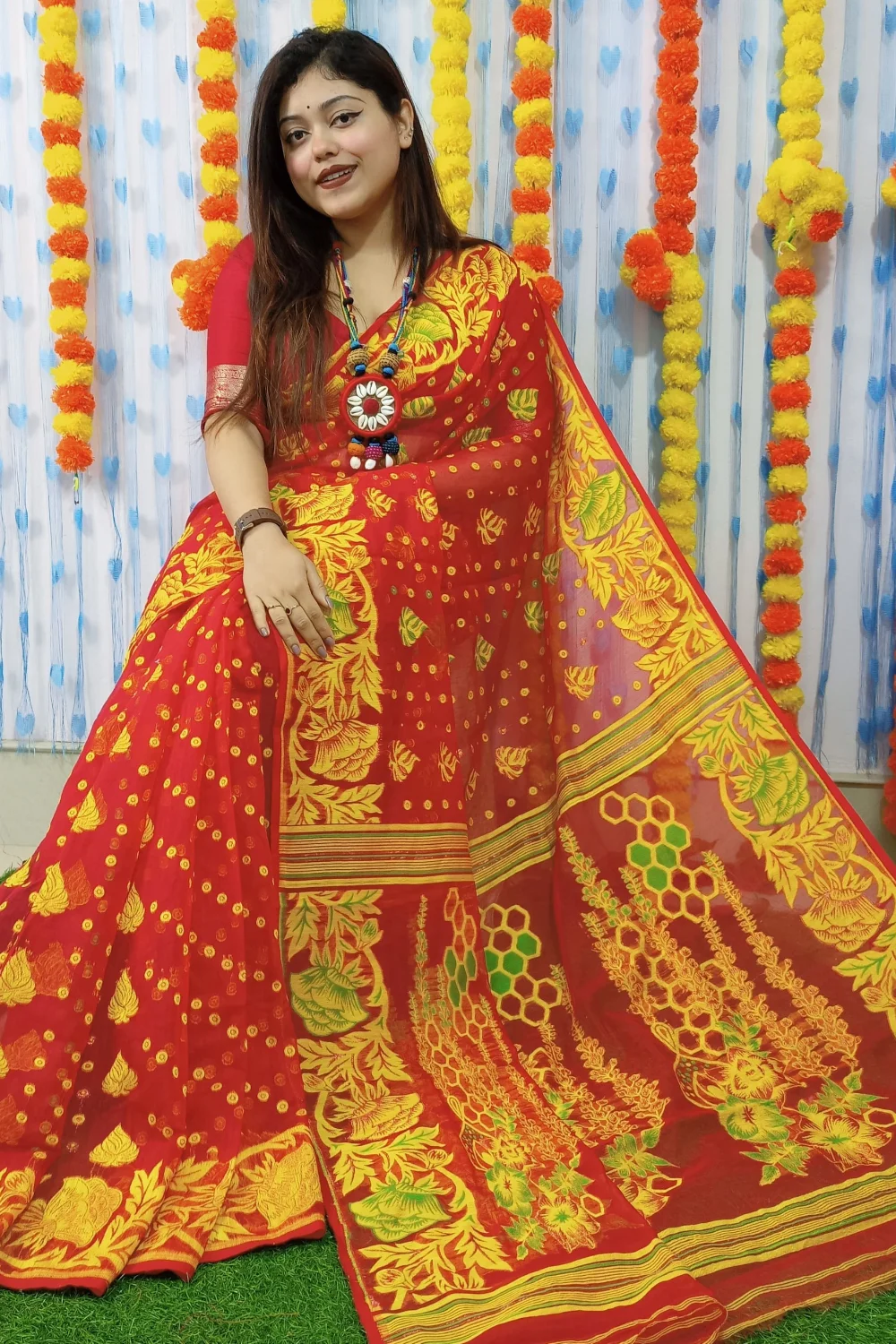 Glorious Red Designer Jamdani Saree