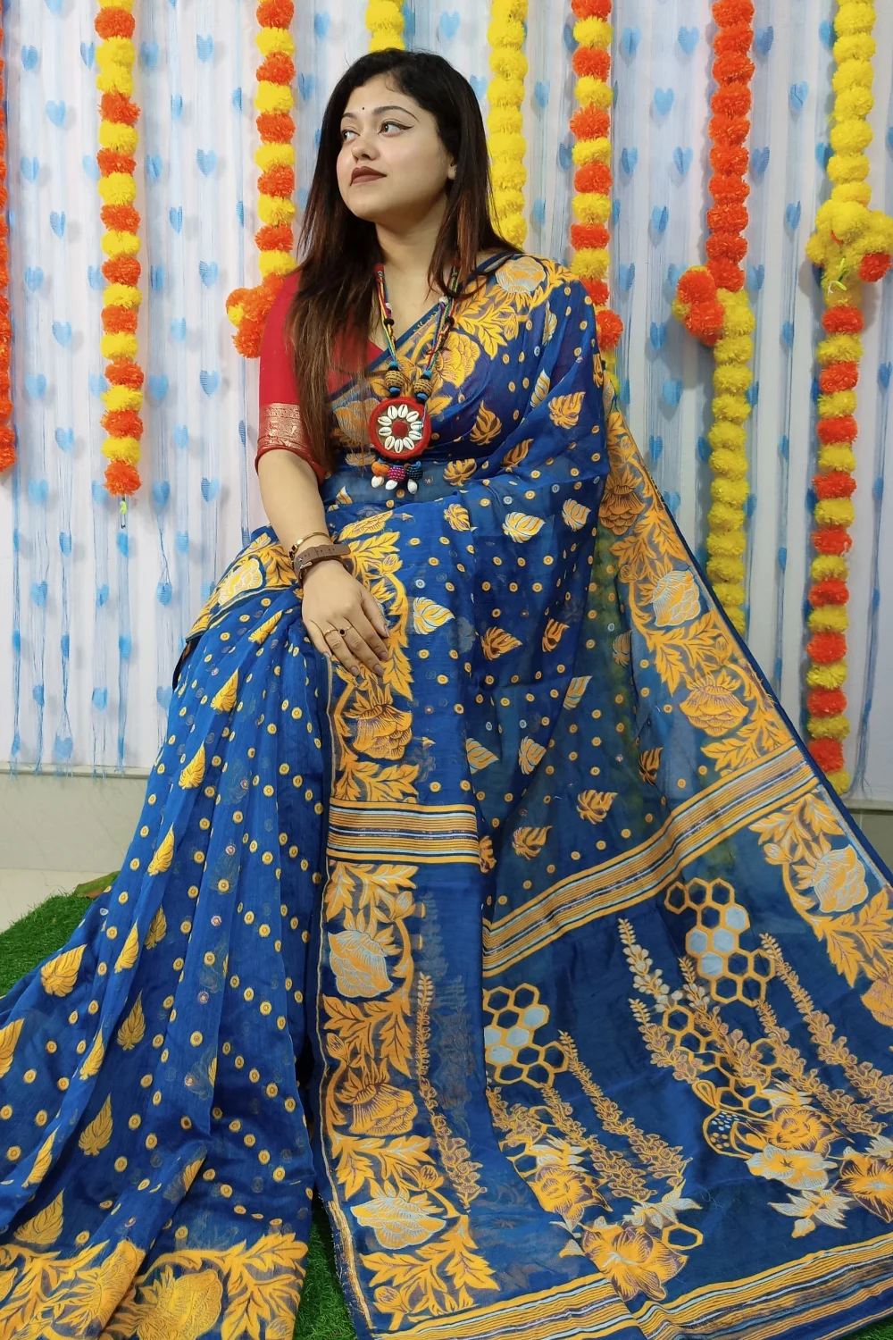 Stylish Royal Blue Designer Jamdani Saree