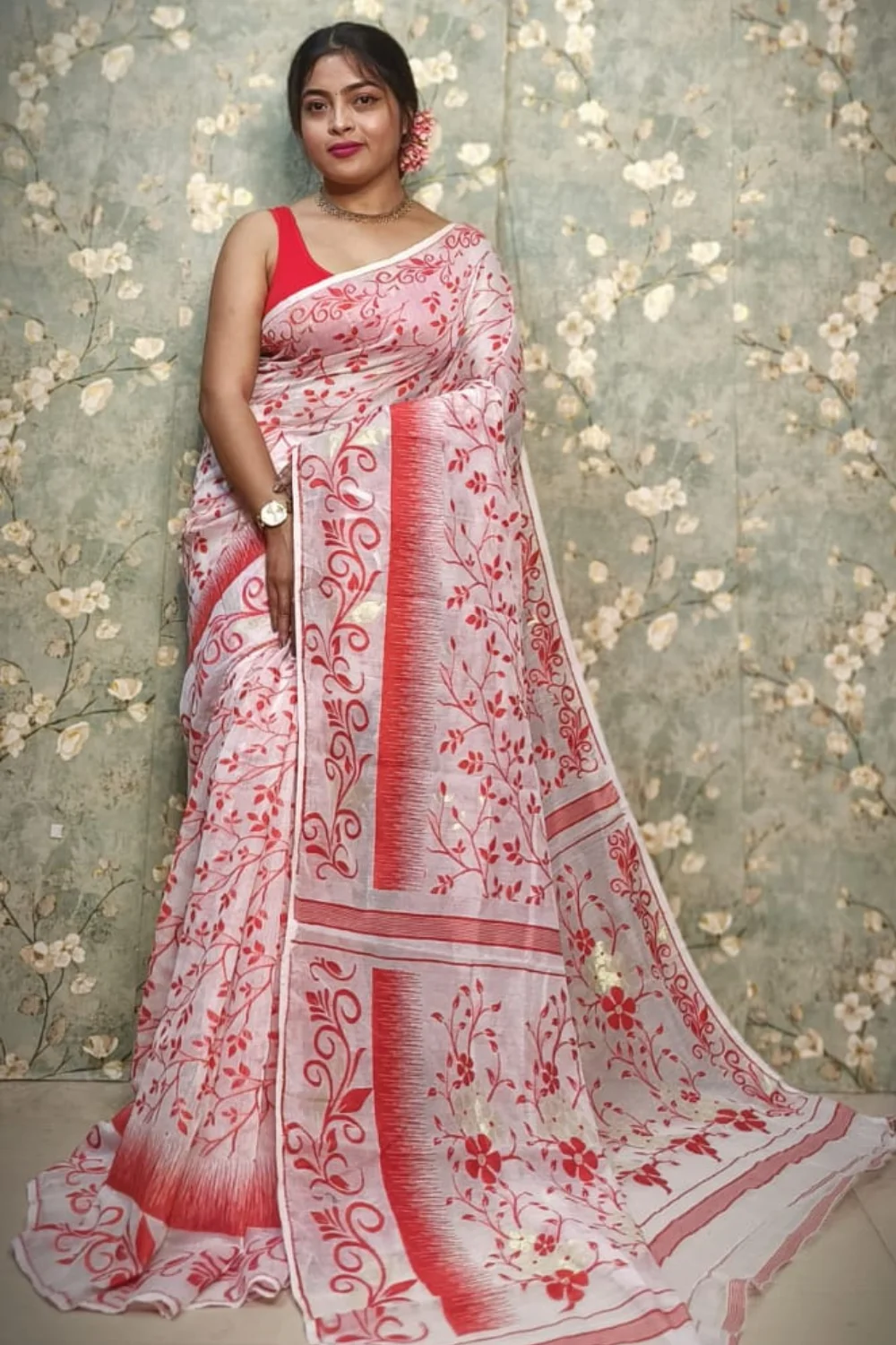 Red Designer Soft Jamdani Saree