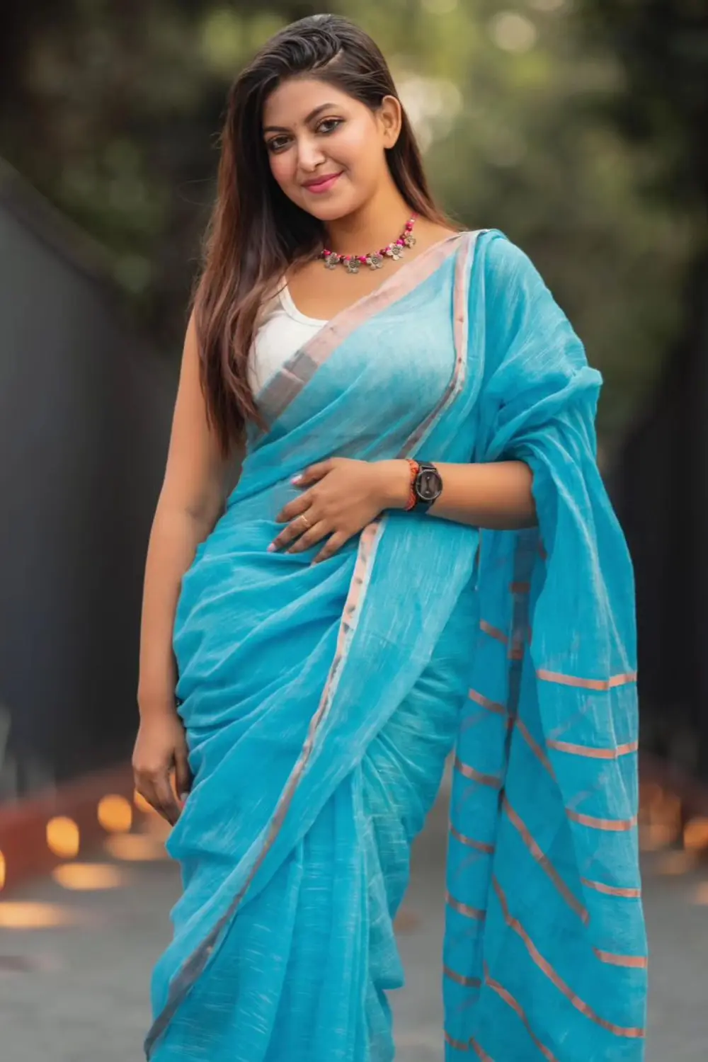 Sky Blue Handloom Linen Saree