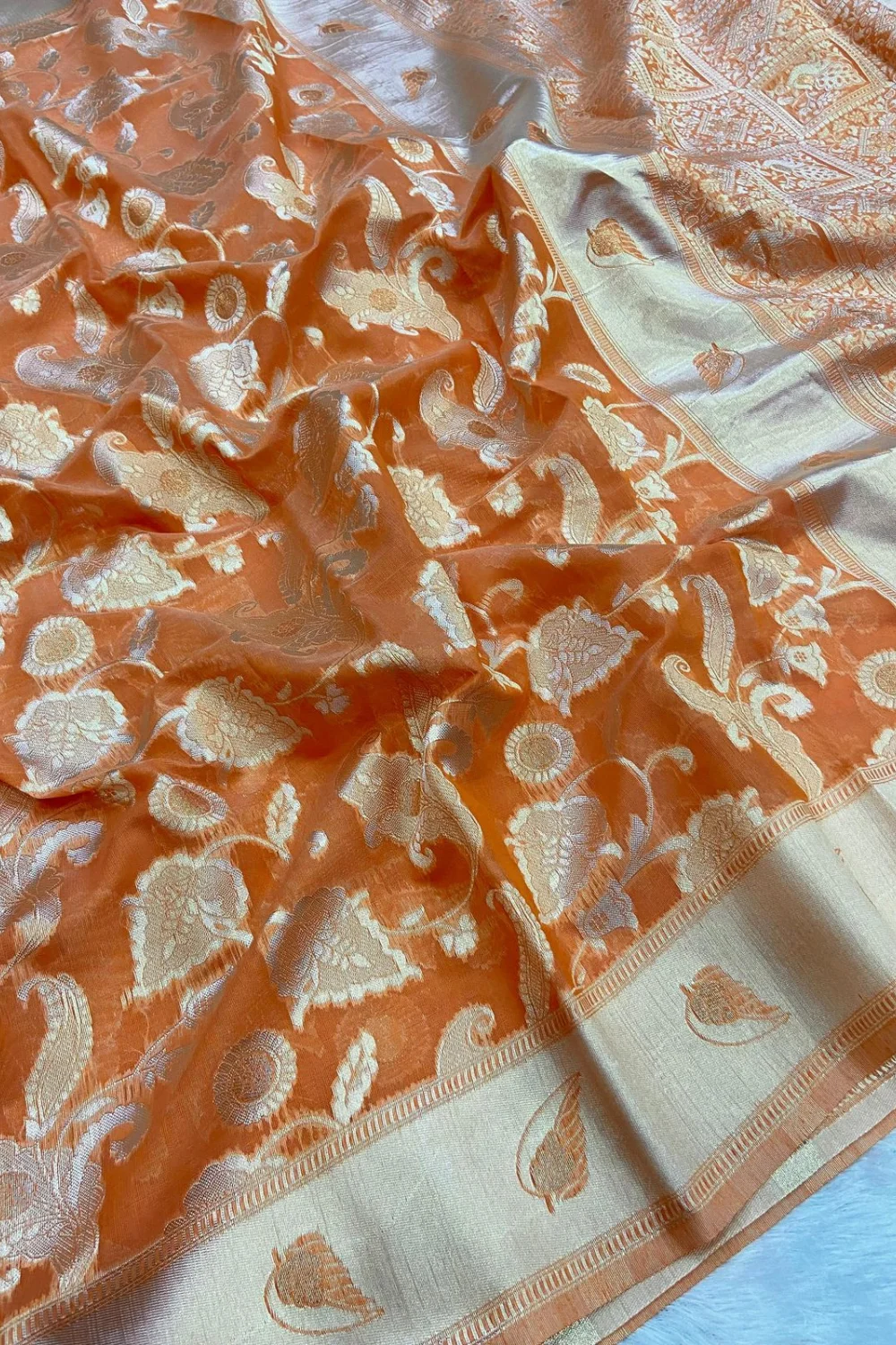 Orange Pure Linen Cotton Saree