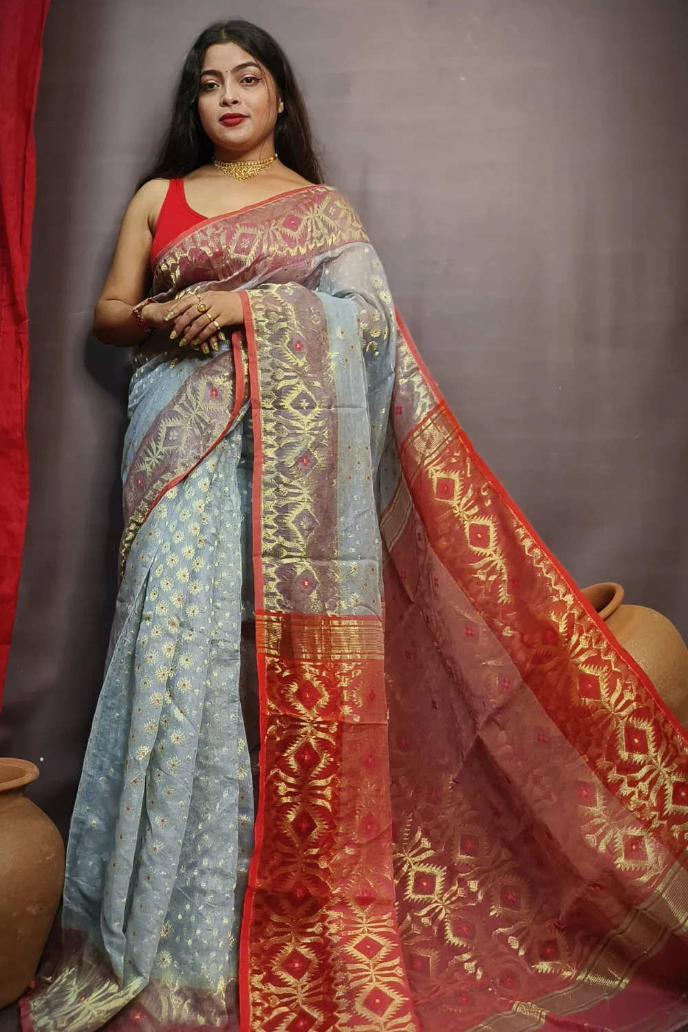 Gray Zari Designed Cotton Jamdani Saree