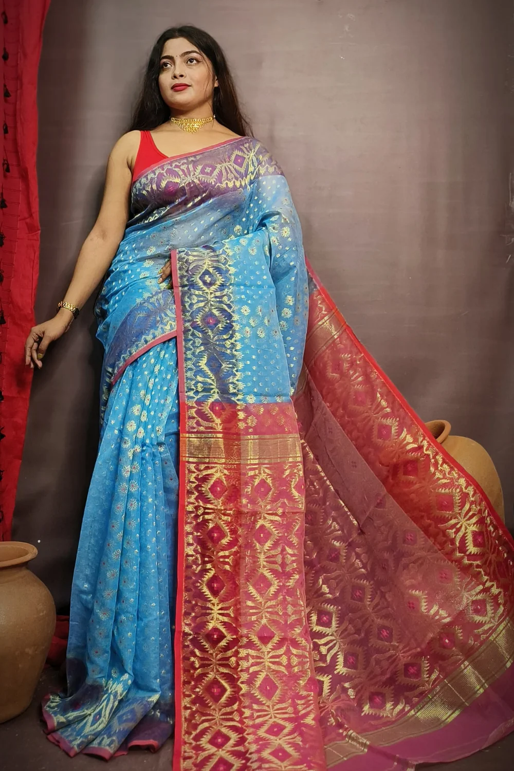 Sky-Blue Zari Designed Cotton Jamdani Saree