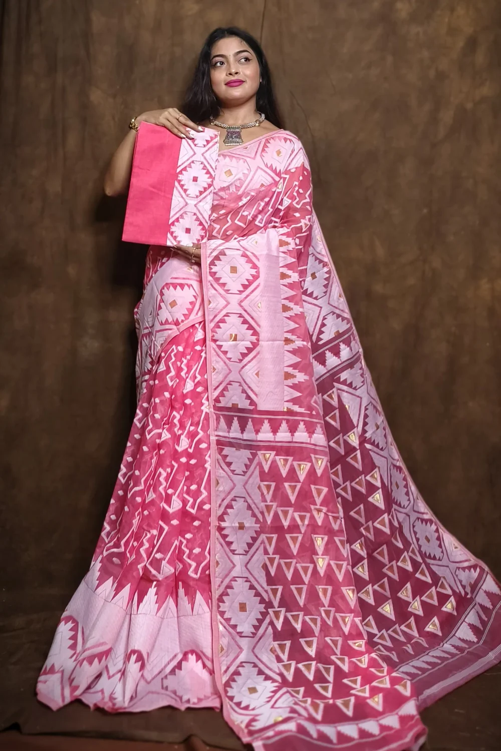 Pink Zari Designed Cotton Jamdani Saree