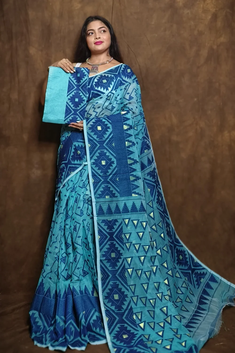 Blue Zari Designed Cotton Jamdani Saree