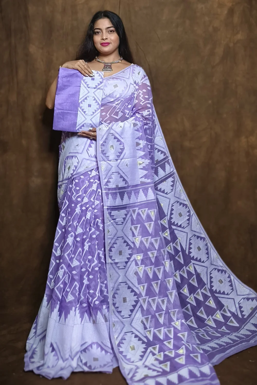 Purple Zari Designed Cotton Jamdani Saree