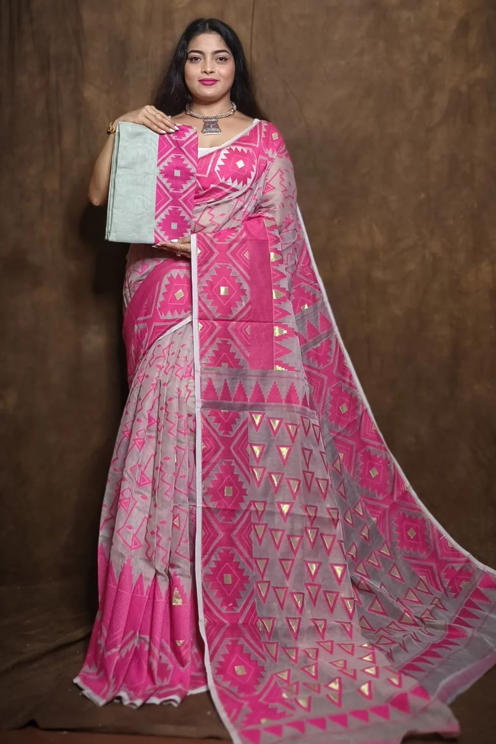 Dark Pink Zari Designed Cotton Jamdani Saree