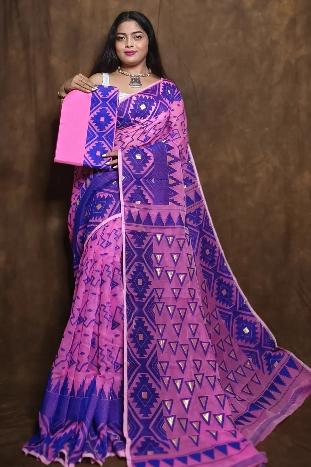 Pink and Blue Zari designed Cotton Jamdani Saree