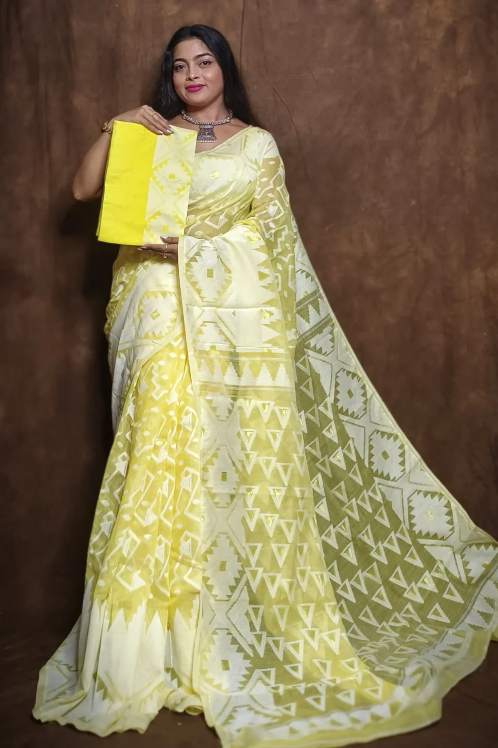 Lemon Yellow Zari Designed Cotton Jamdani Saree