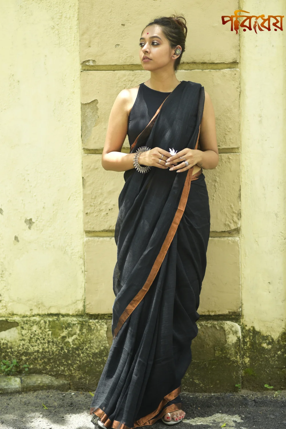 Black Handloom Linen Saree