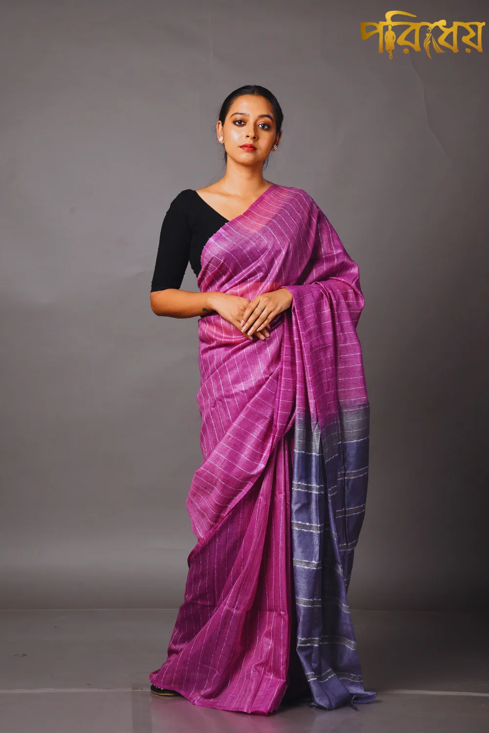 Grey & Pink Bhagalpuri Silk Saree
