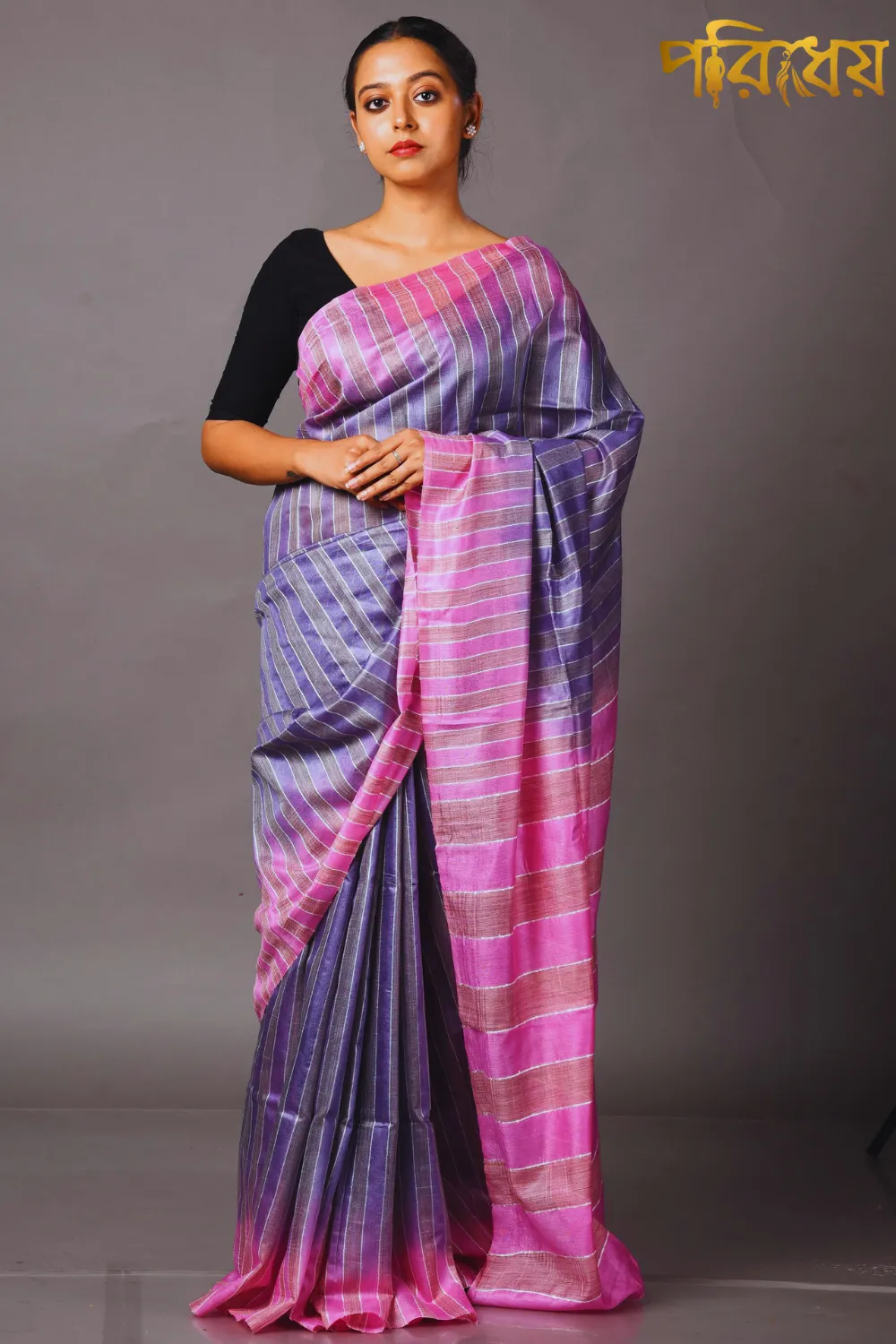 Grey & Pink Bhagalpuri Silk Saree