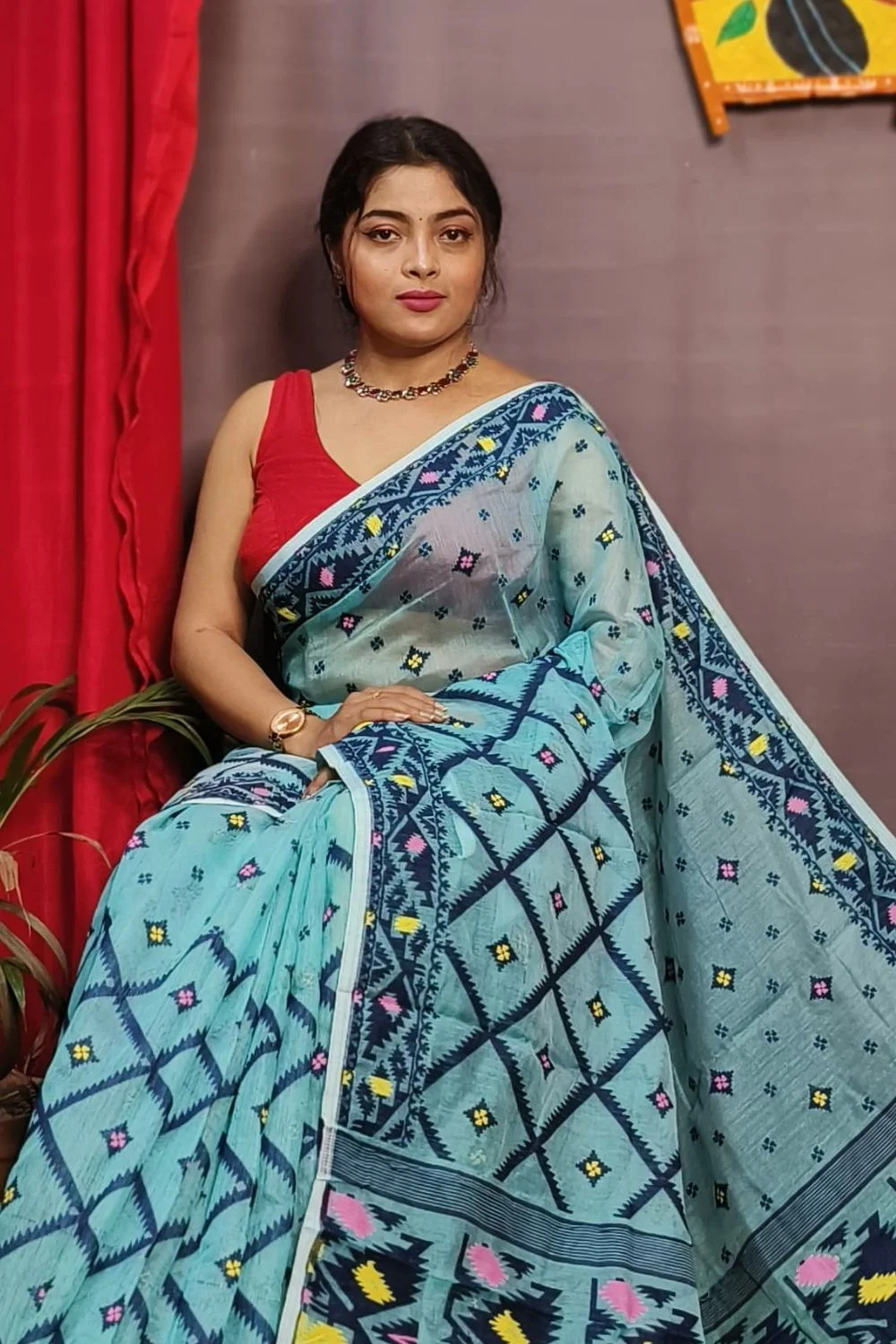 Sky-Blue Handloom Dhakai Jamdani Saree