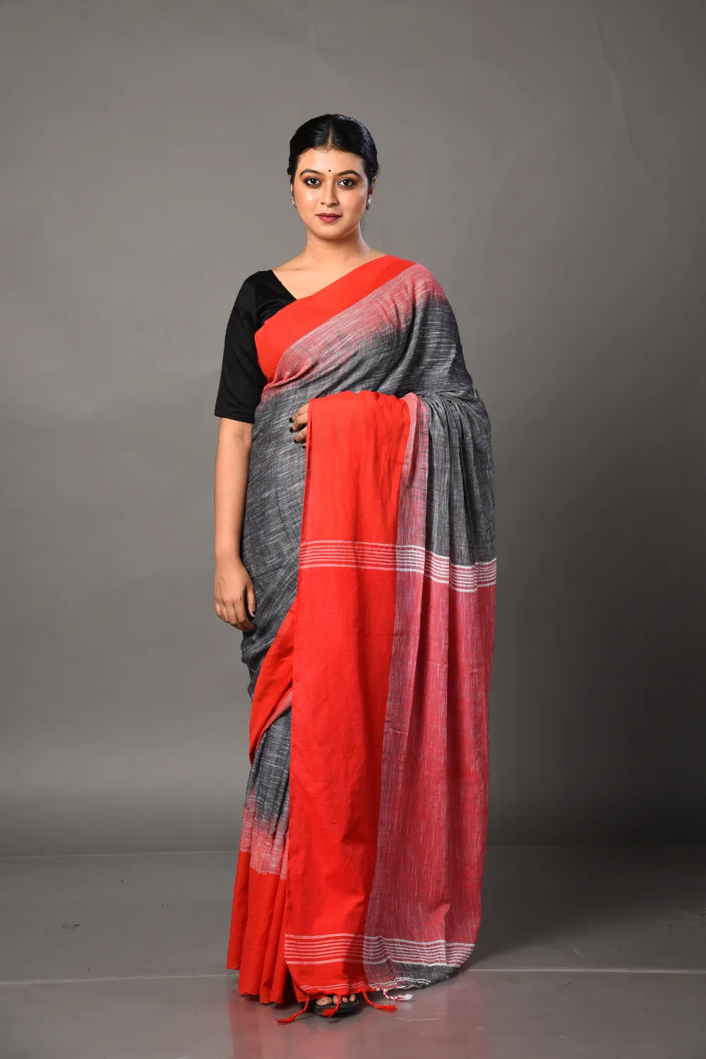 Gray and Red Pure Cotton Saree