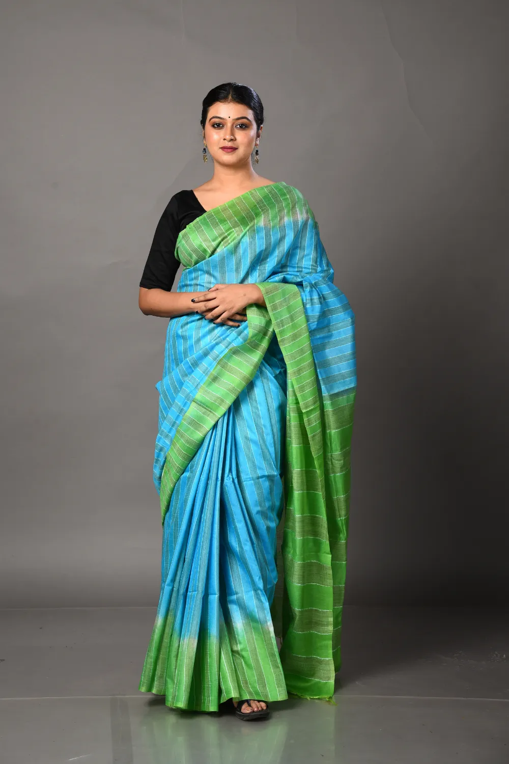 Sky-Blue & Green Bhagalpuri Silk Saree