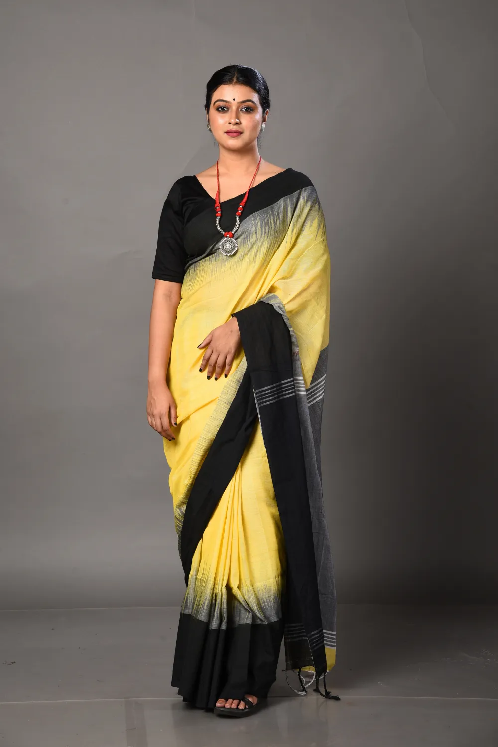 Yellow and Black Pure Cotton Saree