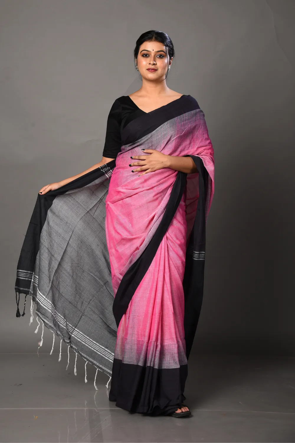 Pink & Gray Pure Cotton Saree