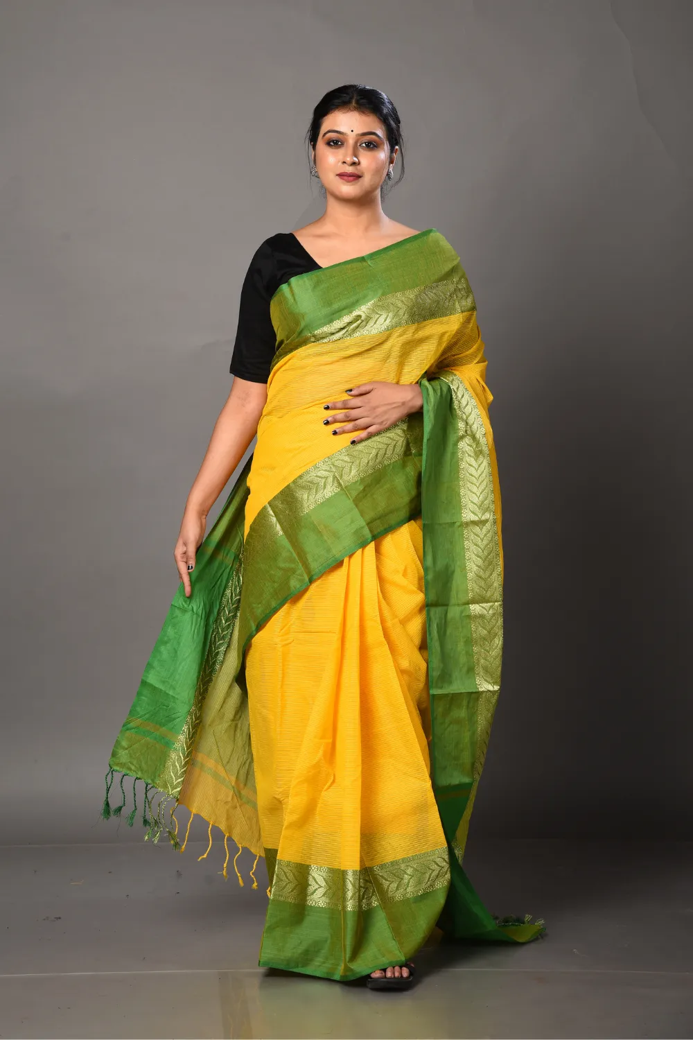 Yellow & Green Cotton Saree