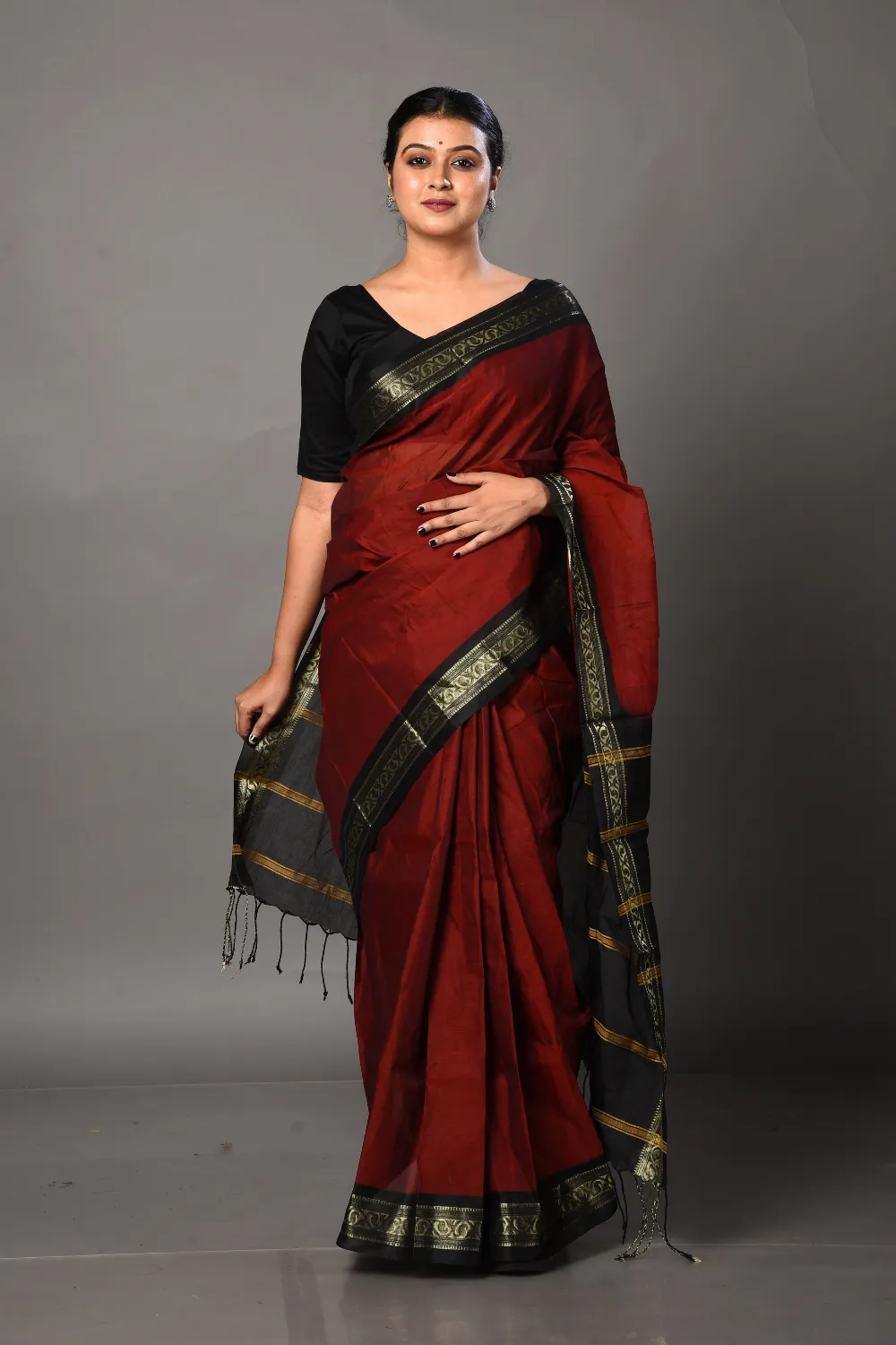 Maroon & Black Mixed Cotton Saree