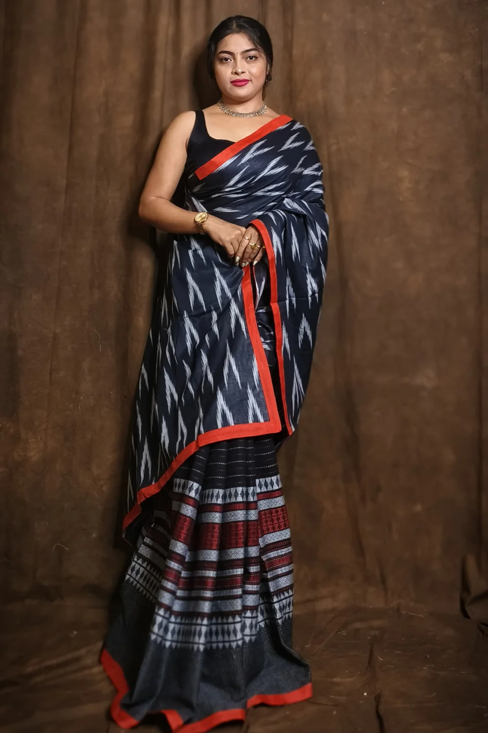 Black Pure Cotton Dhonekhali Saree