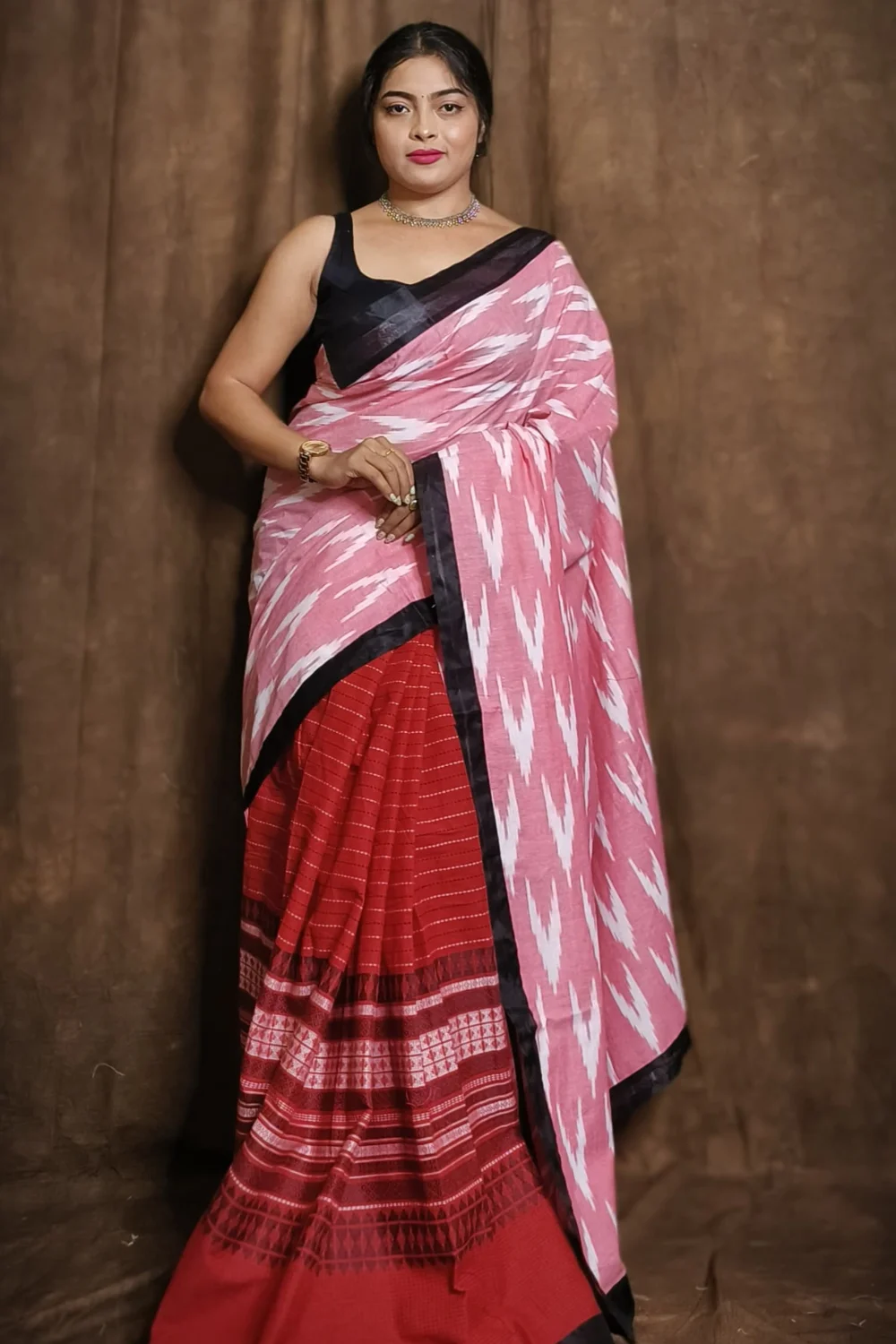 Pink and Red Pure Cotton Dhonekhali Saree