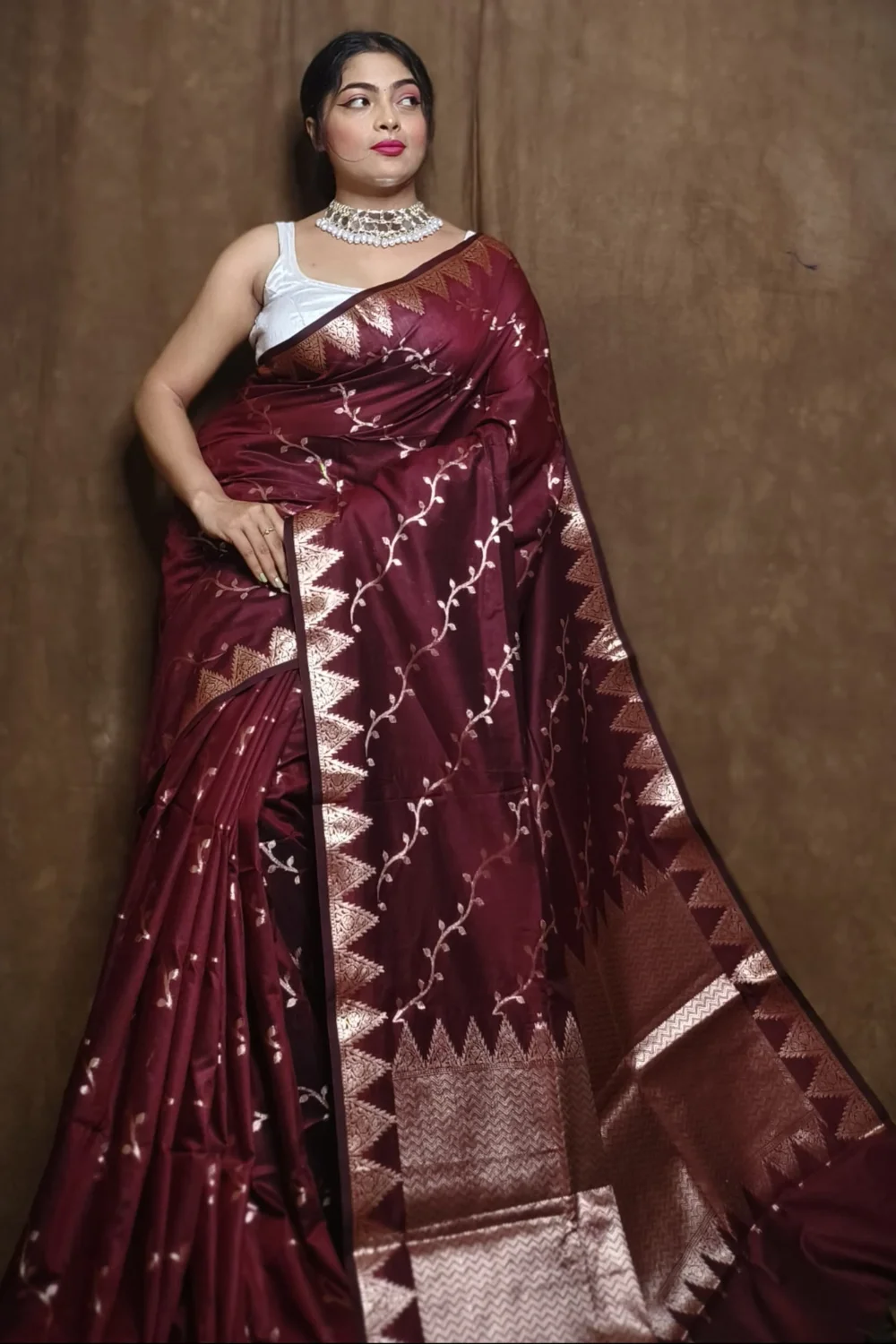 Dark Maroon Muga Katan Cotton Saree