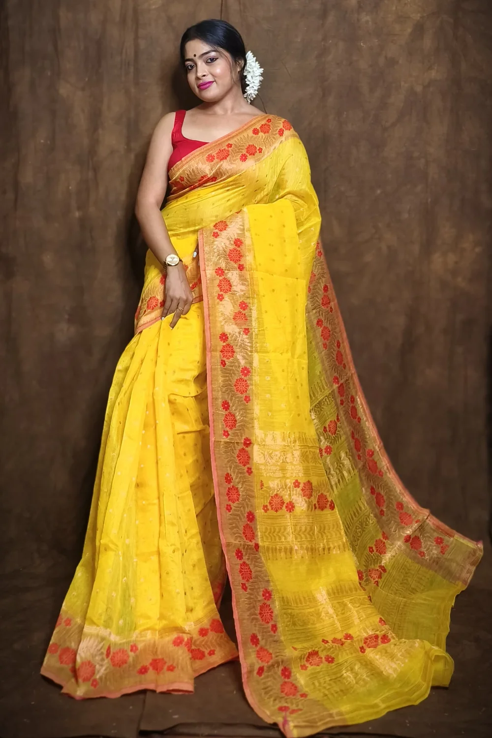 Yellow Pure Cotton Saree With Mina Work