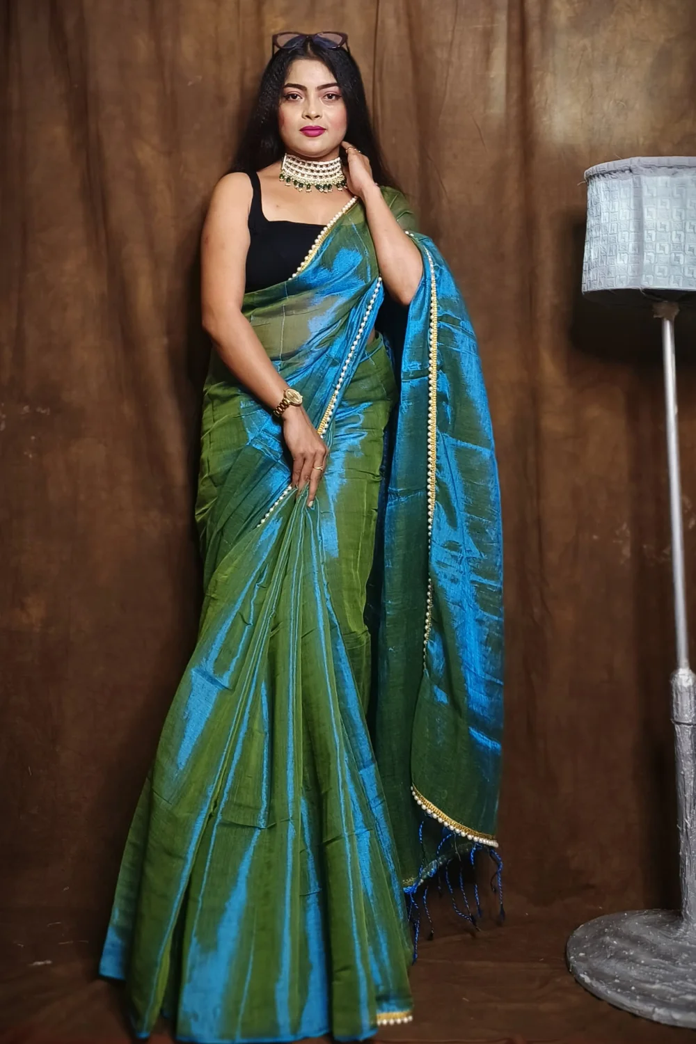 Hunter Green Raga Tissue Saree