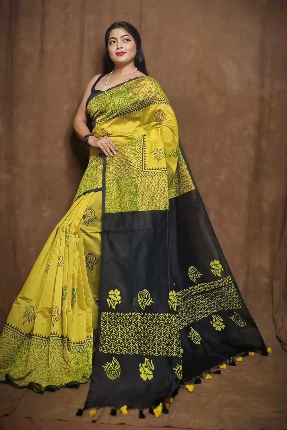 Yellow and Black Cotton Silk Saree