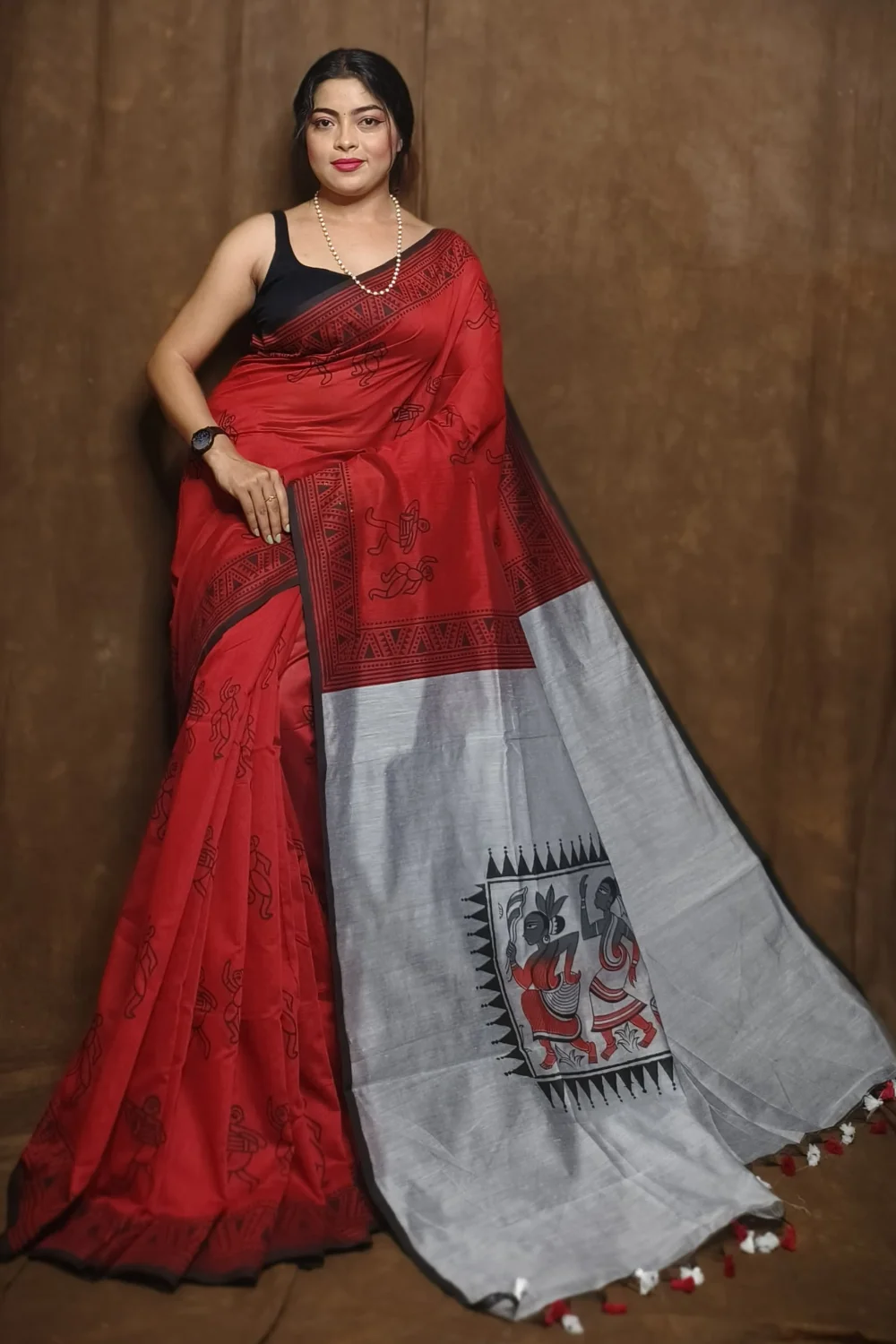 Red and Gray Cotton Silk Saree