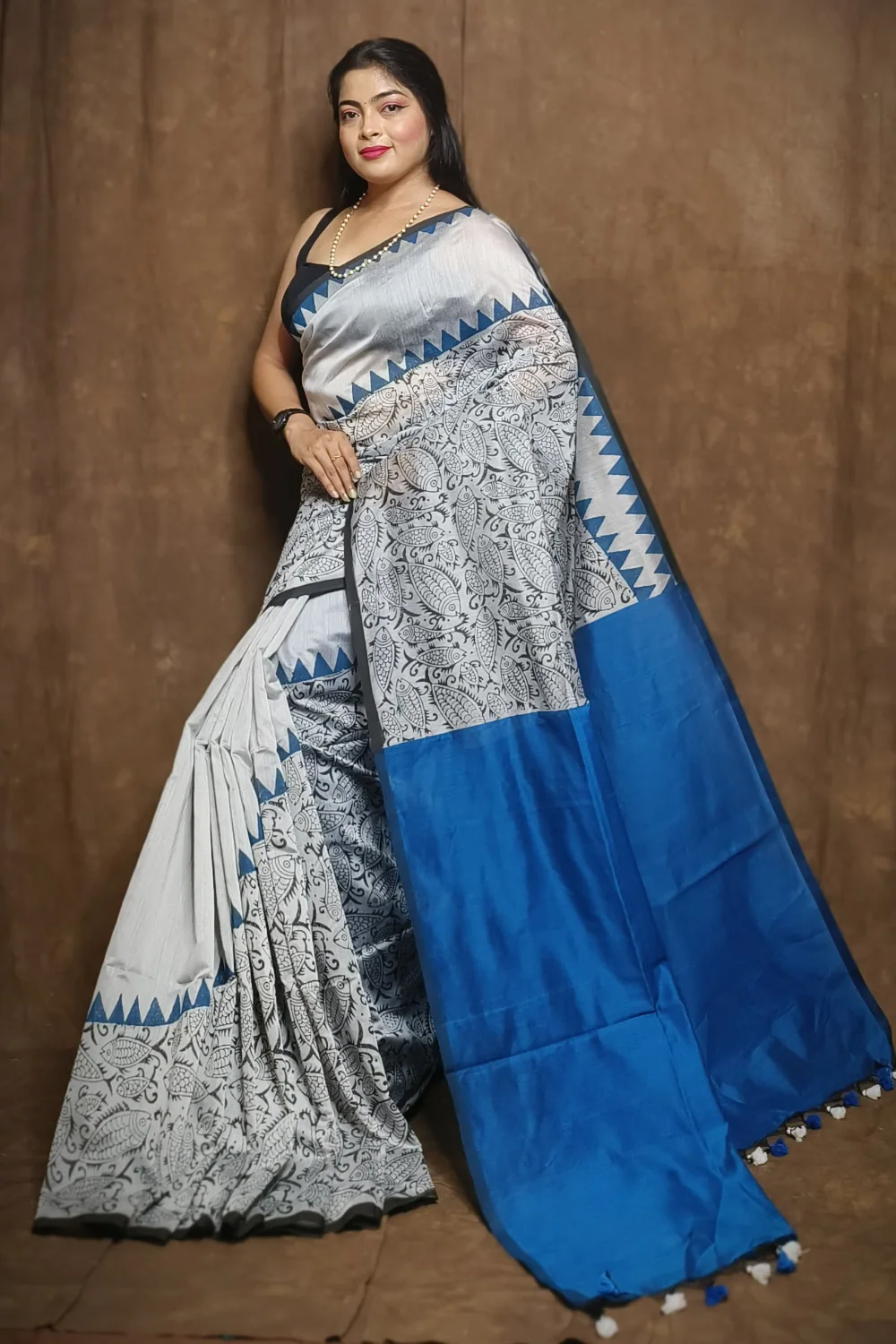 Gray and Blue Cotton Silk Saree