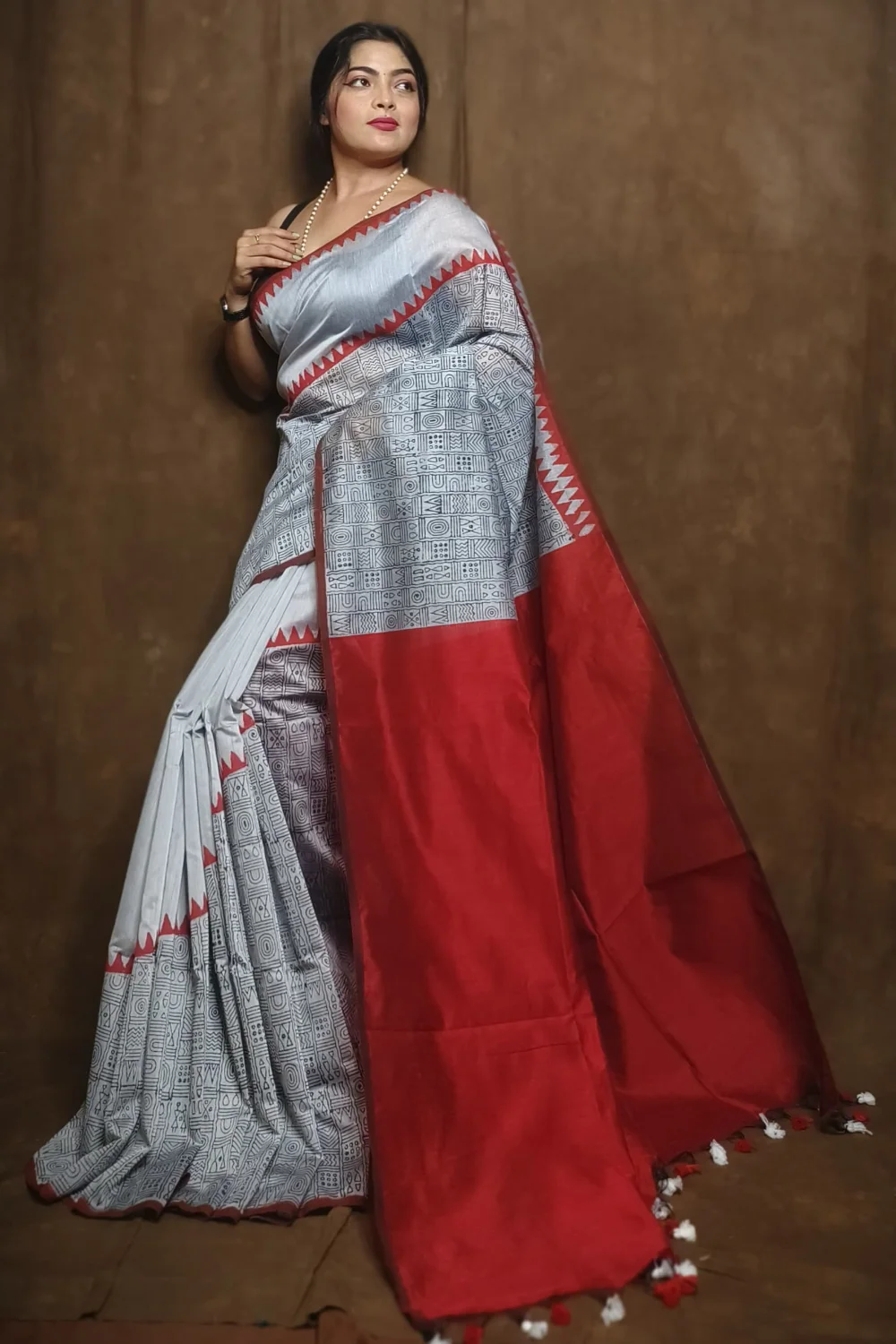 Gray and Red Cotton Silk Saree