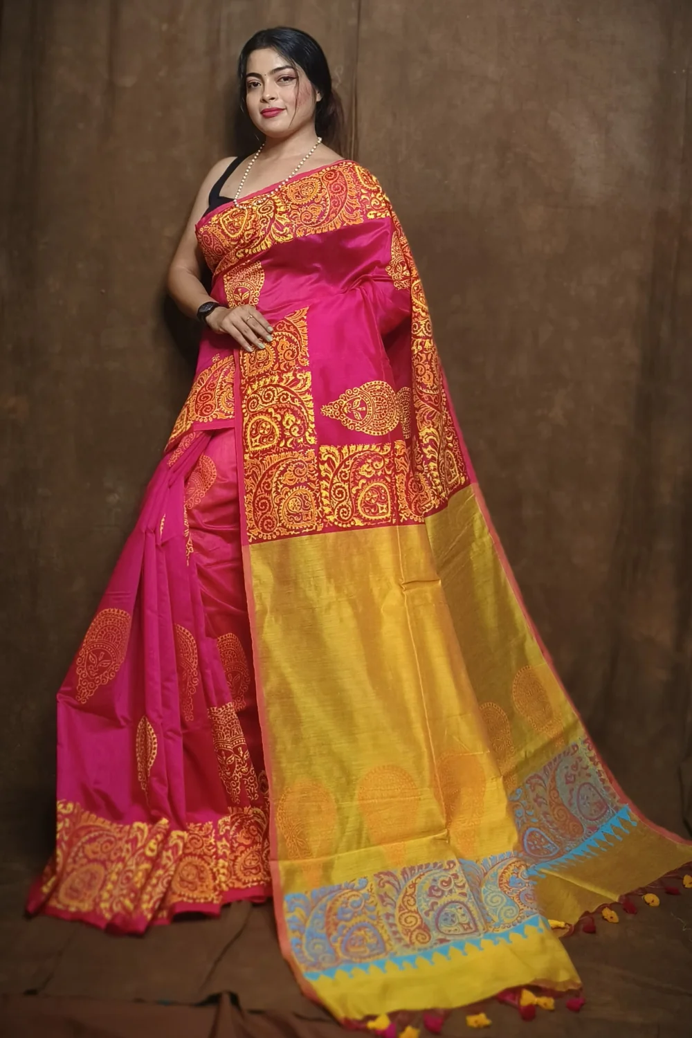 Pink and Yellow Cotton Silk Saree