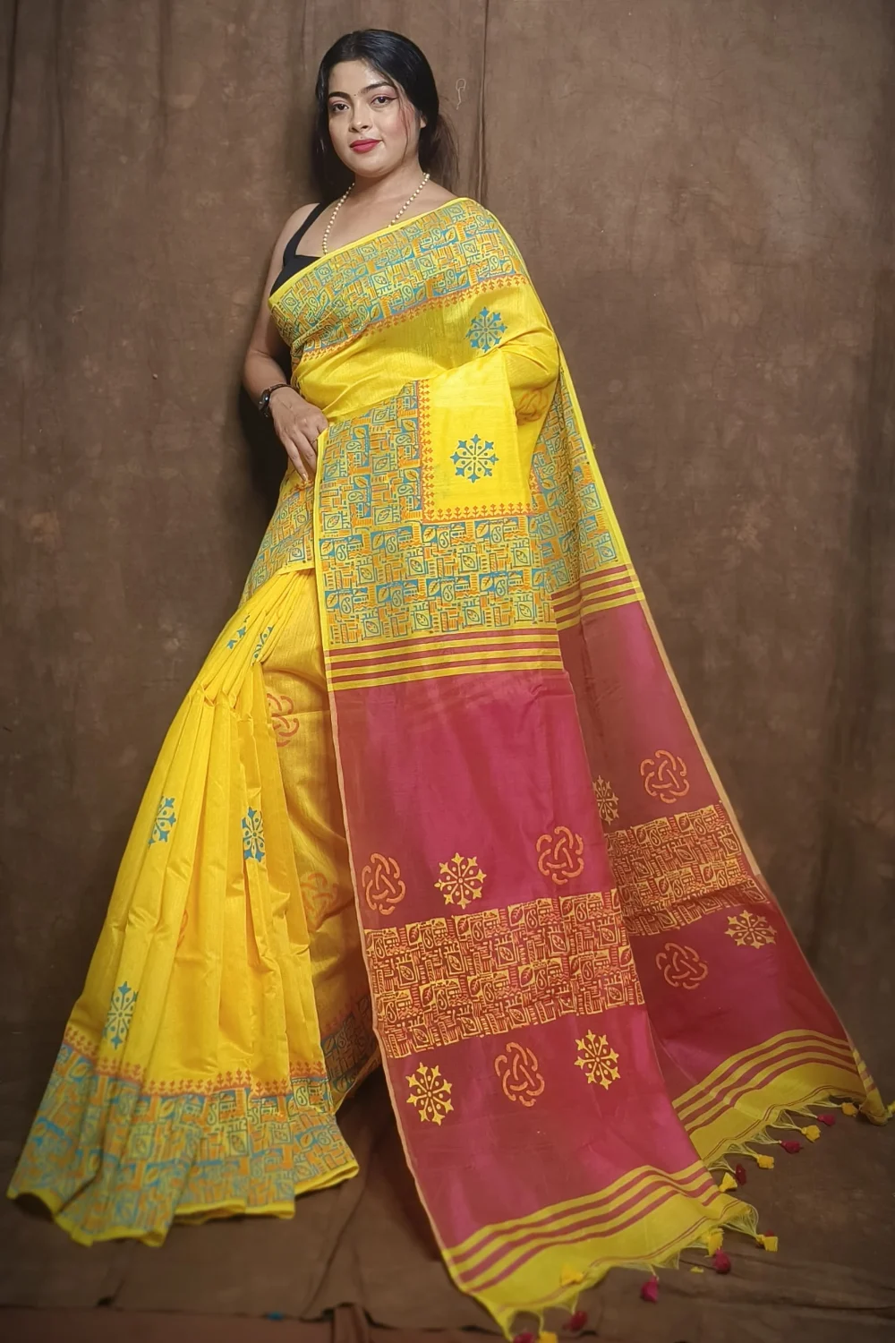 Traditional Yellow and Pink Cotton Silk Saree