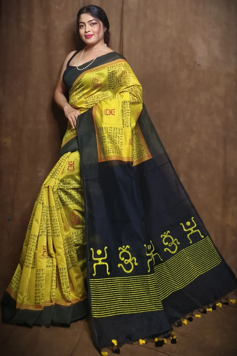 Traditional Yellow and Black Cotton Silk Saree