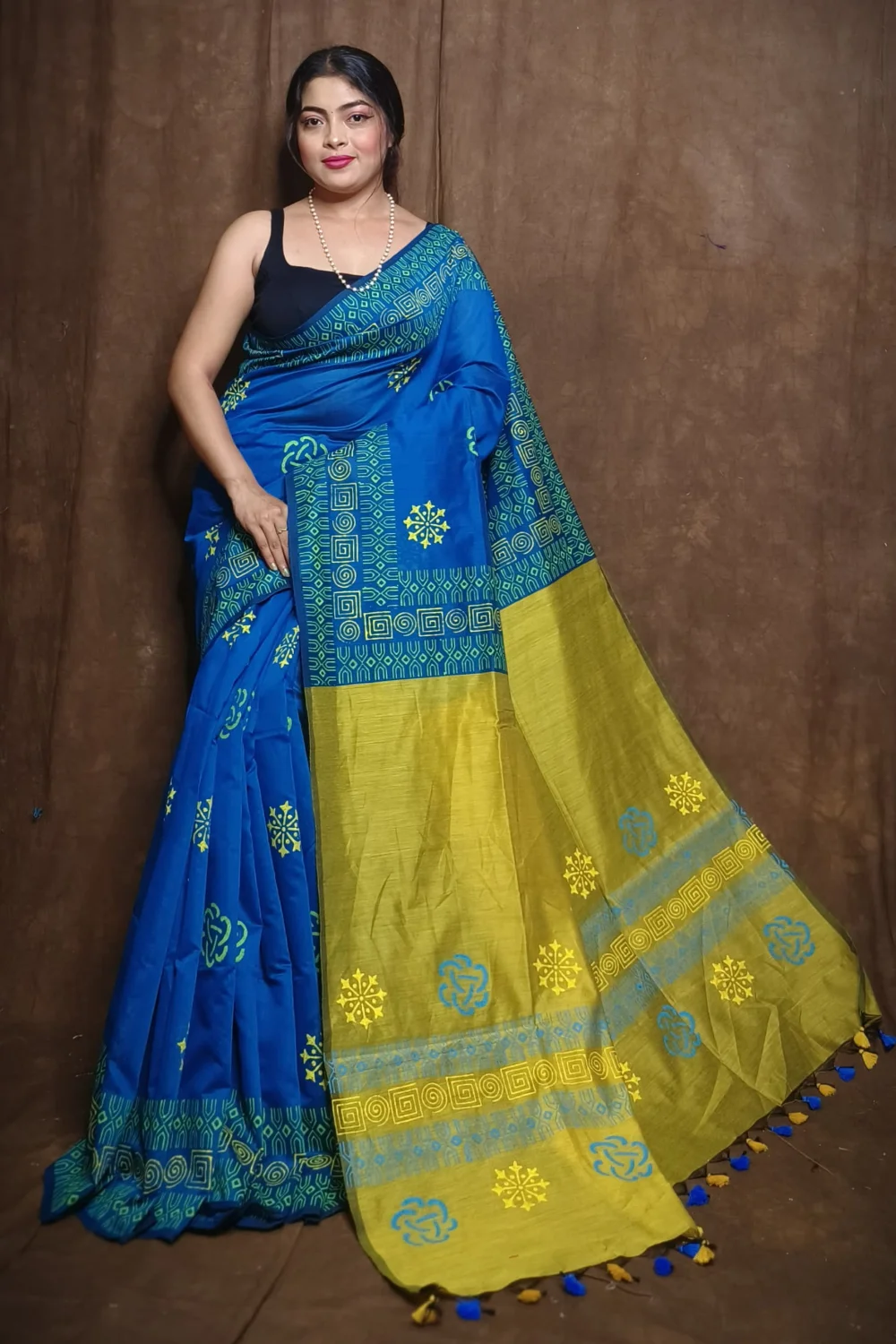 Traditional Blue and Yellow Cotton Silk Saree