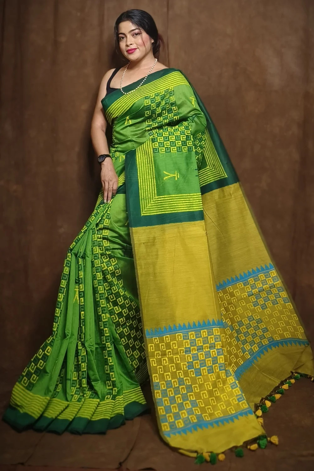 Green and Yellow Cotton Silk Saree