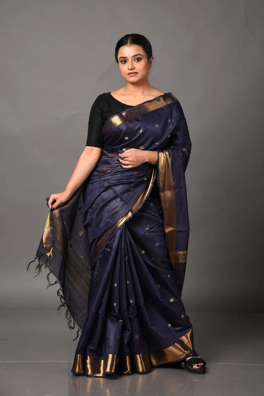 Dark-Blue Golden Design Bhagalpuri Silk Saree