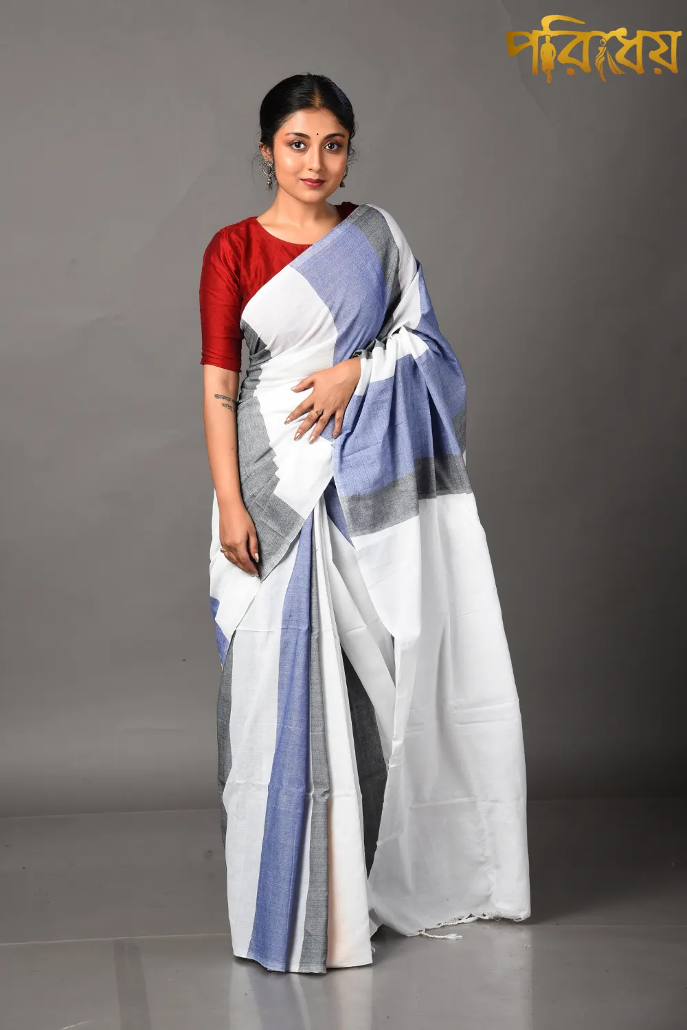 White Blue Stripe Handloom Cotton Saree