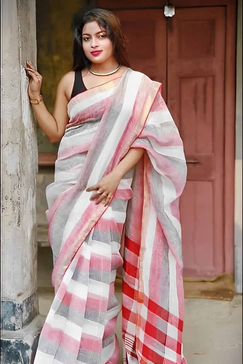 Khadi Cotton Sari - Define elegance, white with contrast pink pallu